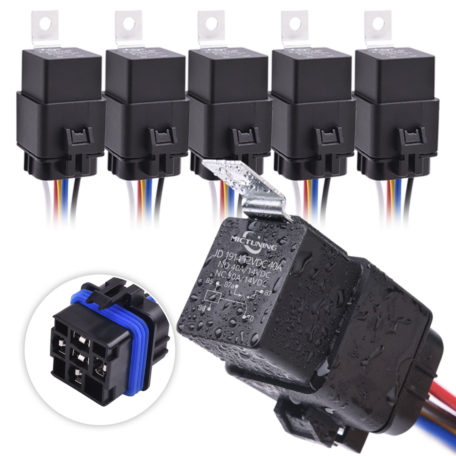 5Pcs Waterproof 12V 30/40A SPDT Relay Switch Harness Set 5PIN 14 AWG Hot Wires