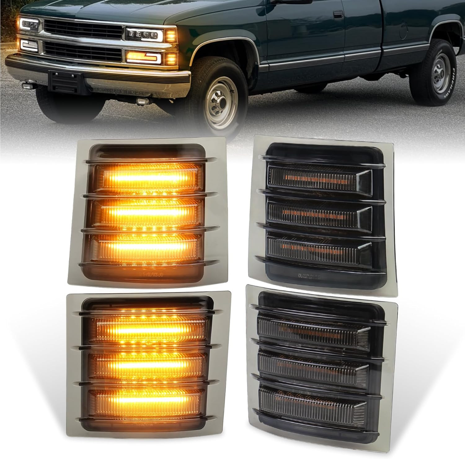 LED Side Marker Lights Amber Sequential Smoked for 94-98 Chevy C/K Silverado Tah