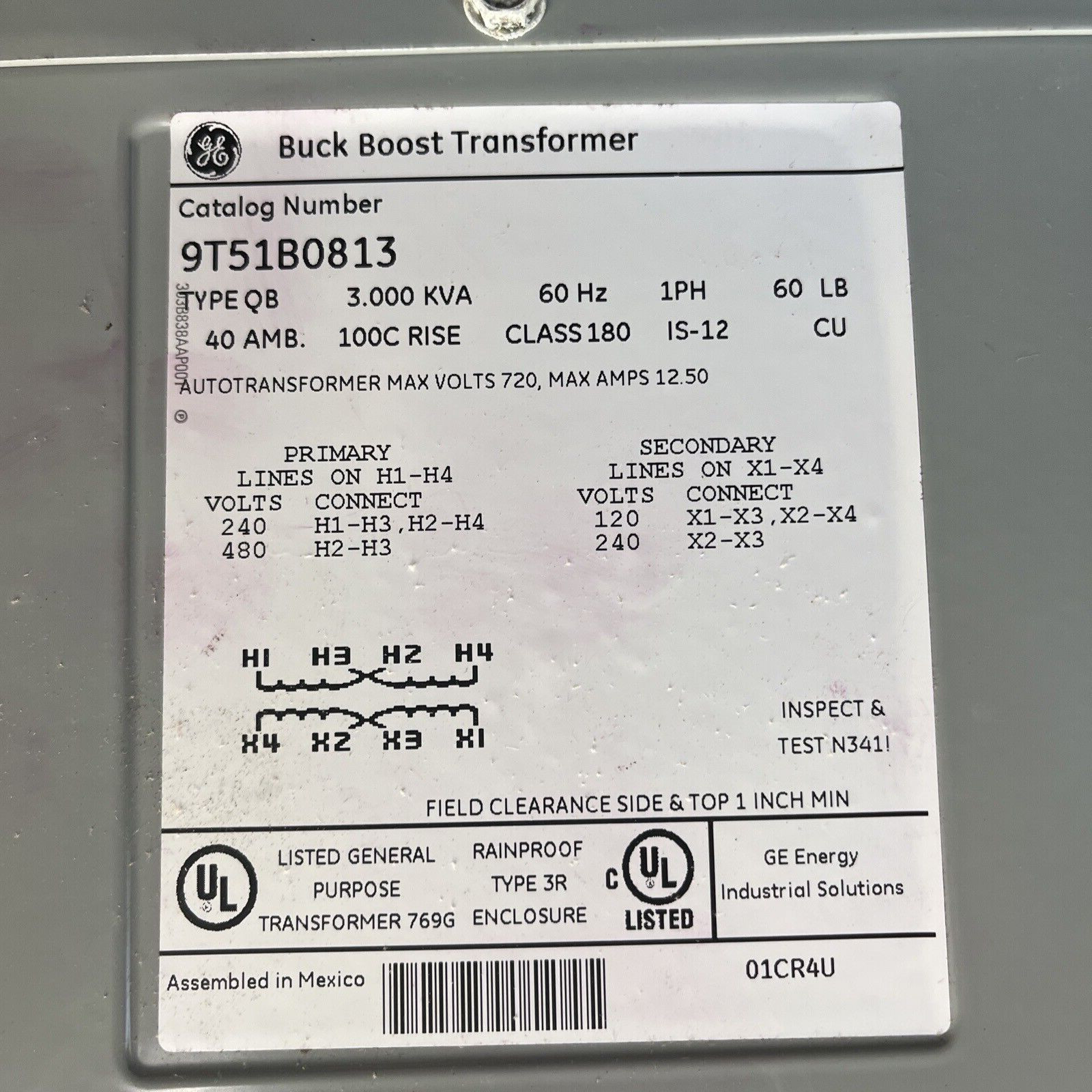 ABB GE Buck Boost Transformer 9T51B0813 TYPE QB 3KVA 1PH 40C AMB PRI 240-480VAC