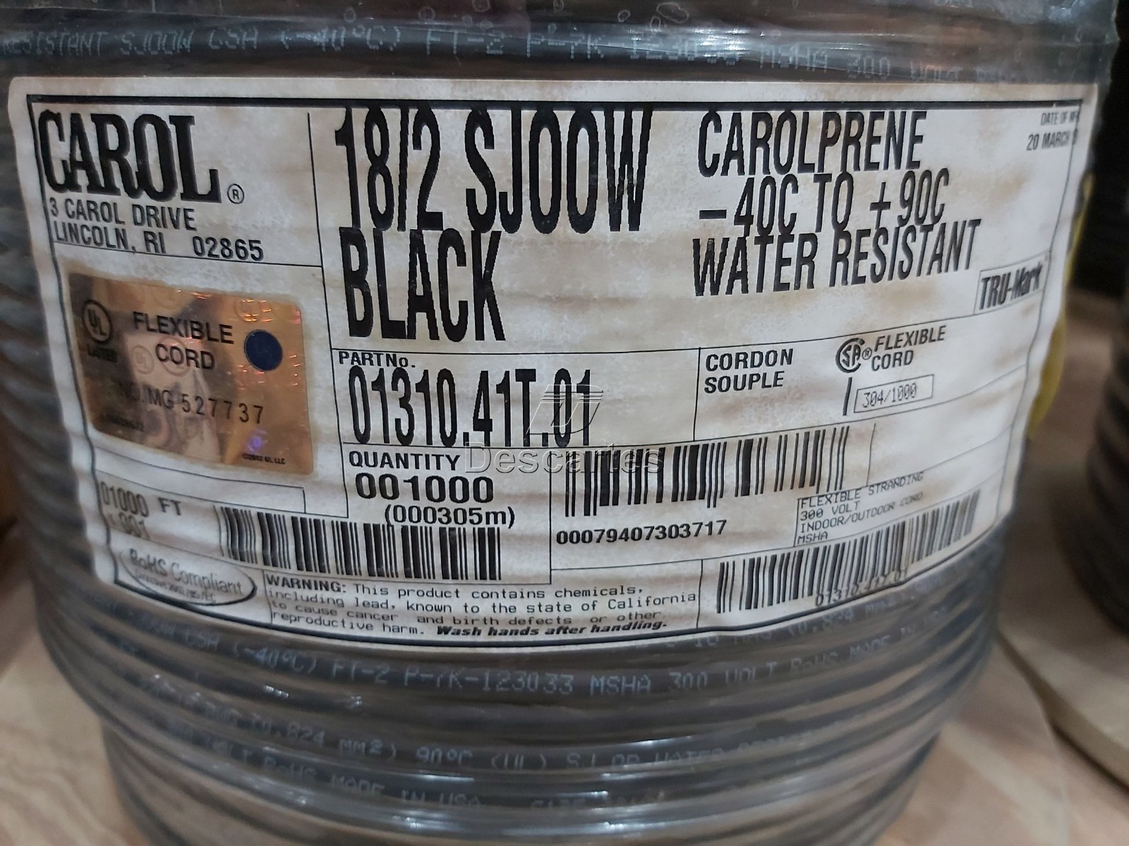 10ft Carol 01310 18/2 SJOOW Carolprene 300V Black Rubber Portable Cord
