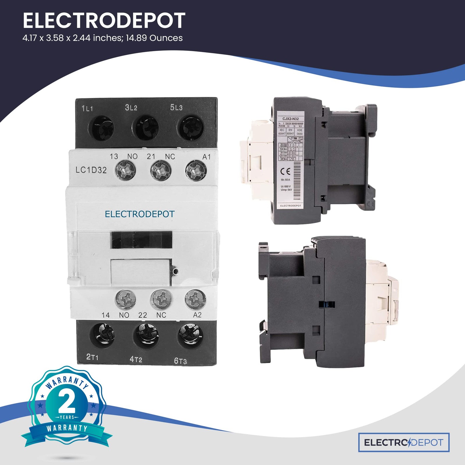 30A Electrodepot Contactor 3 Pole, 110/120V Coil, Motor Load 32A, Lighting 40A,