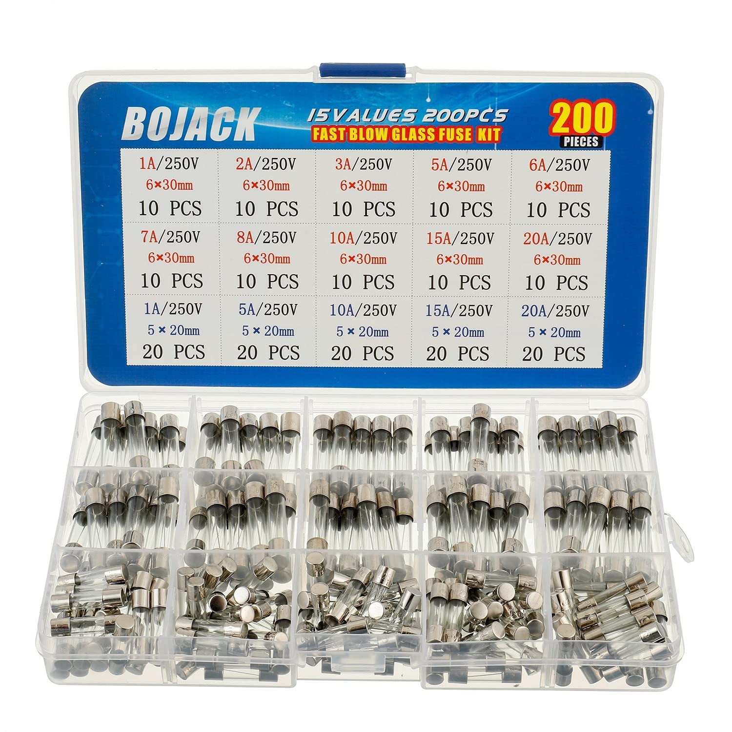 200 Pcs FastBlow Glass Fuses Assortment Kit 5x20mm 6x30mm 250V 120A
