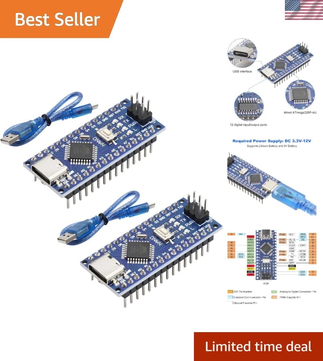 Nano V3.0 Board ATmega328P/CH340G Chip Microcontroller Kit Compatible with Ar…
