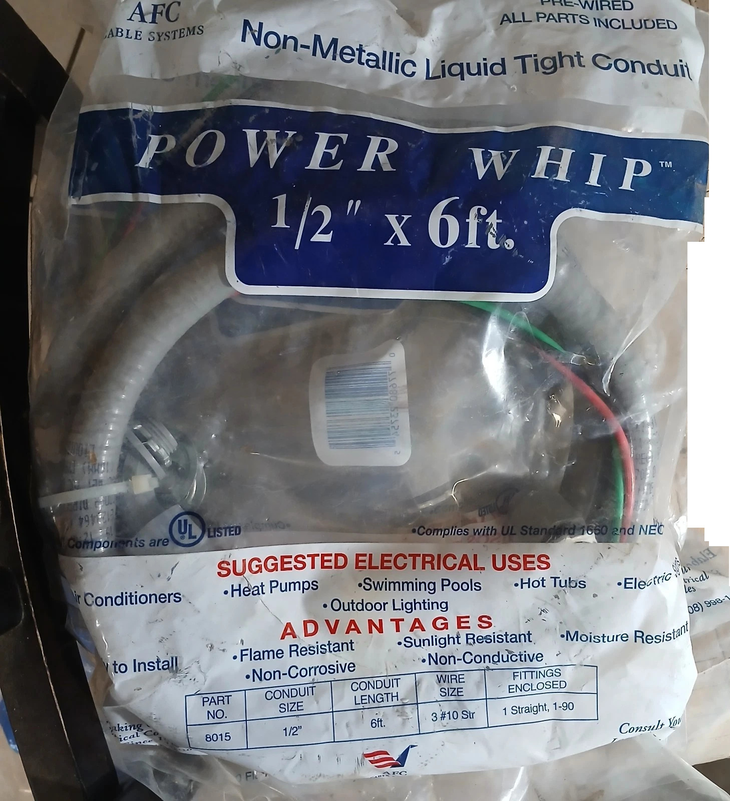 AFC 8015 Power Whip, 1/2” x 6’ Conduit, 3#10Str Wire, Non-Metallic Liquid