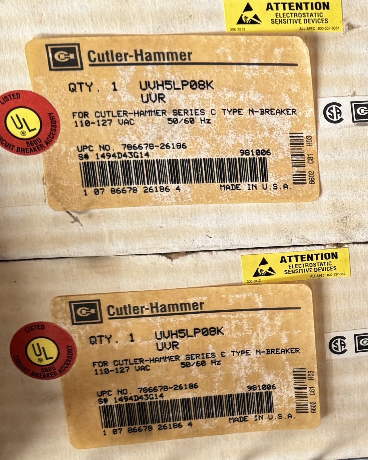 New Eaton Cutler Hammer UVH5LP08K UVR 110-127 VAC Type N Breaker