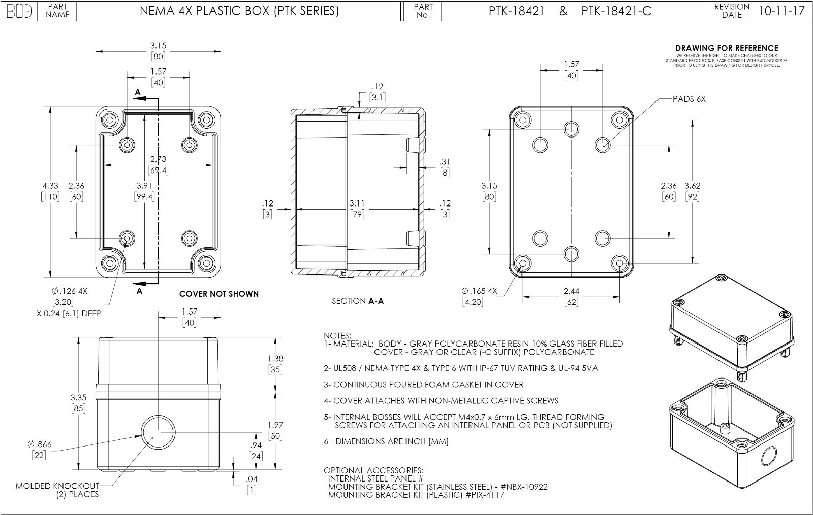 BUD 4.3 x 3.2 x 3.4in Fiberglass Enclosure, Clear Box, Knockouts, NEMA 4X/6 IP67