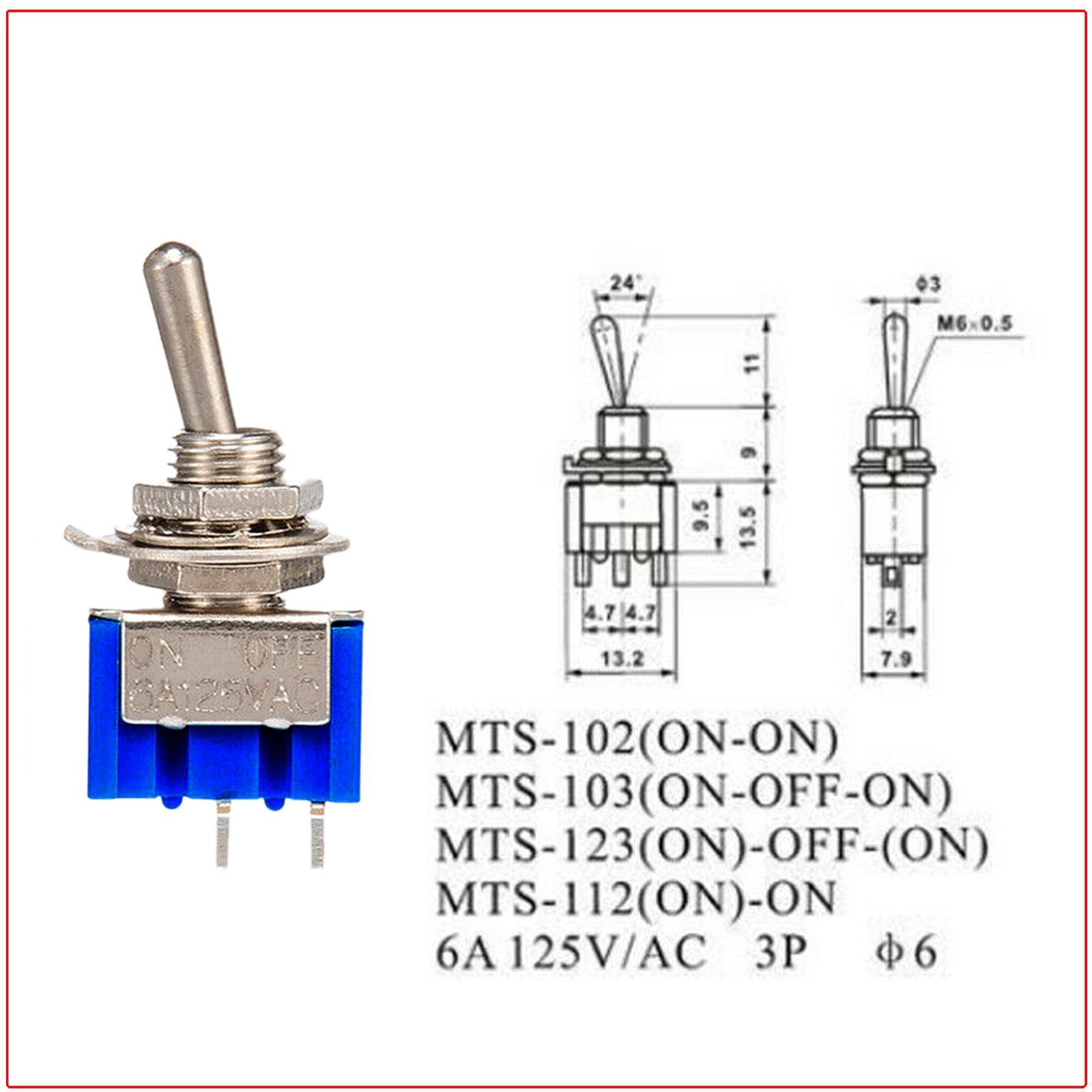 20Pcs MTS-101 2 Position Toggle Switch Kit 2 Pin SPST ON-OFF 6A 125VAC US Stock