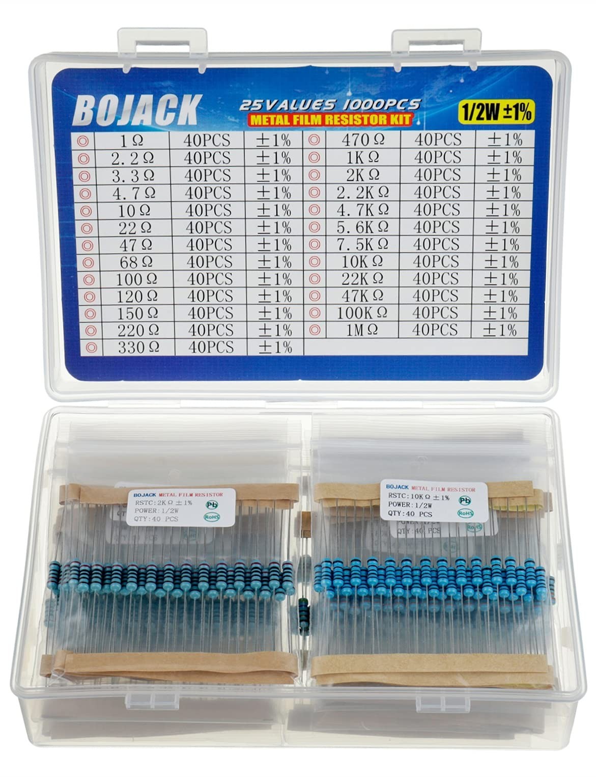 1000 Pcs Resistor Kit – 25 Values 1 Ohm to 1M Ohm, 1% 1/2W Metal Film Assortment