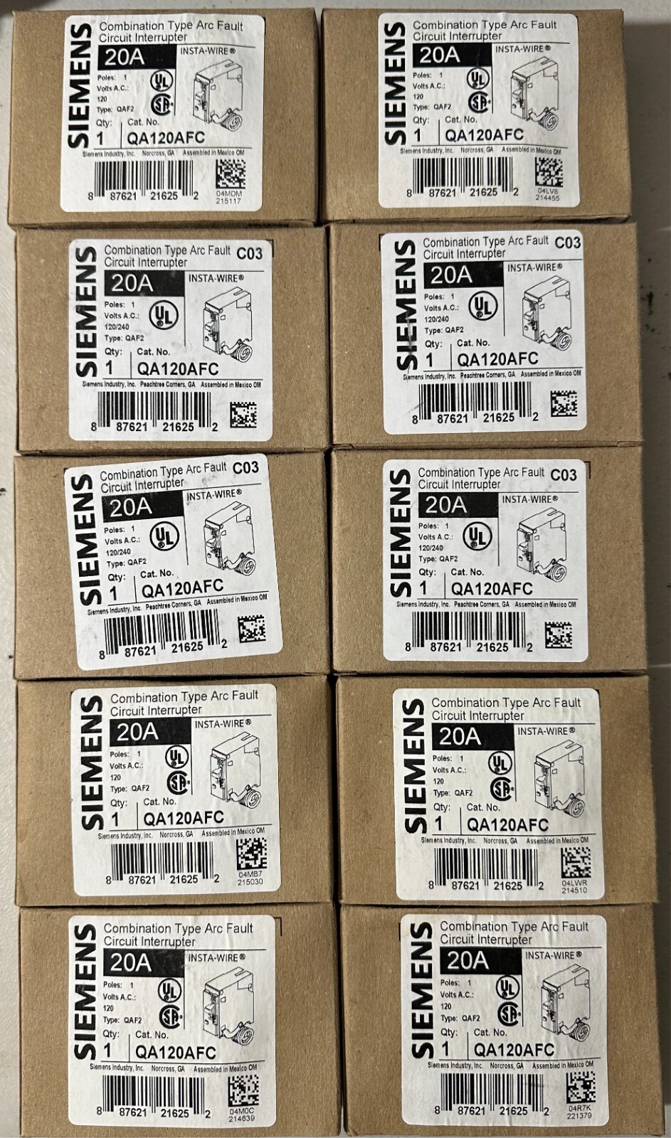 10 PCS SIEMENS QA120AFC 20A Arc-Fault Circuit Breakers With Pigtail Wires