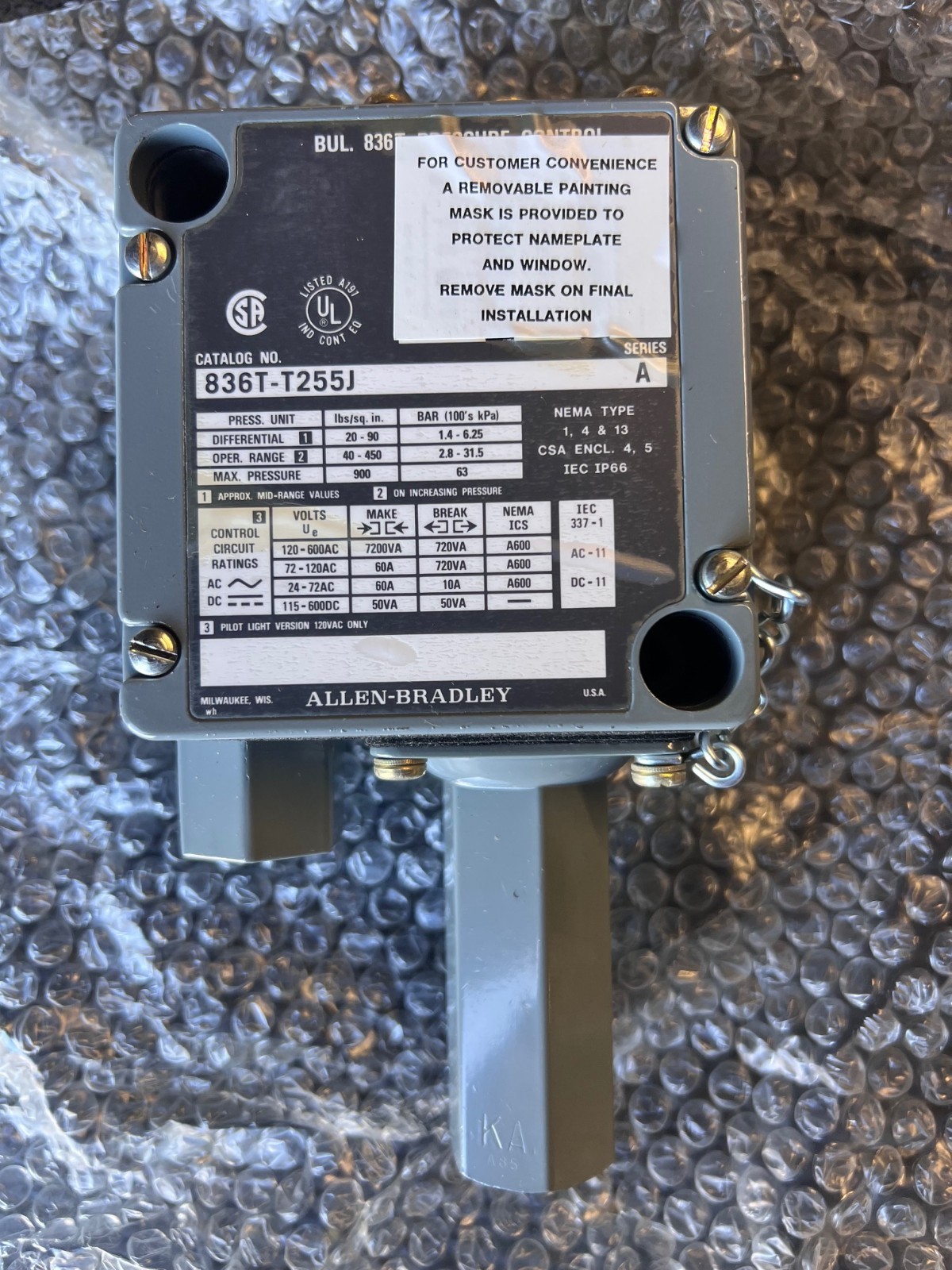 Allen-Bradley 836T-T255J Pressure Control Adj. Range 200-3000 psi Type 4-13