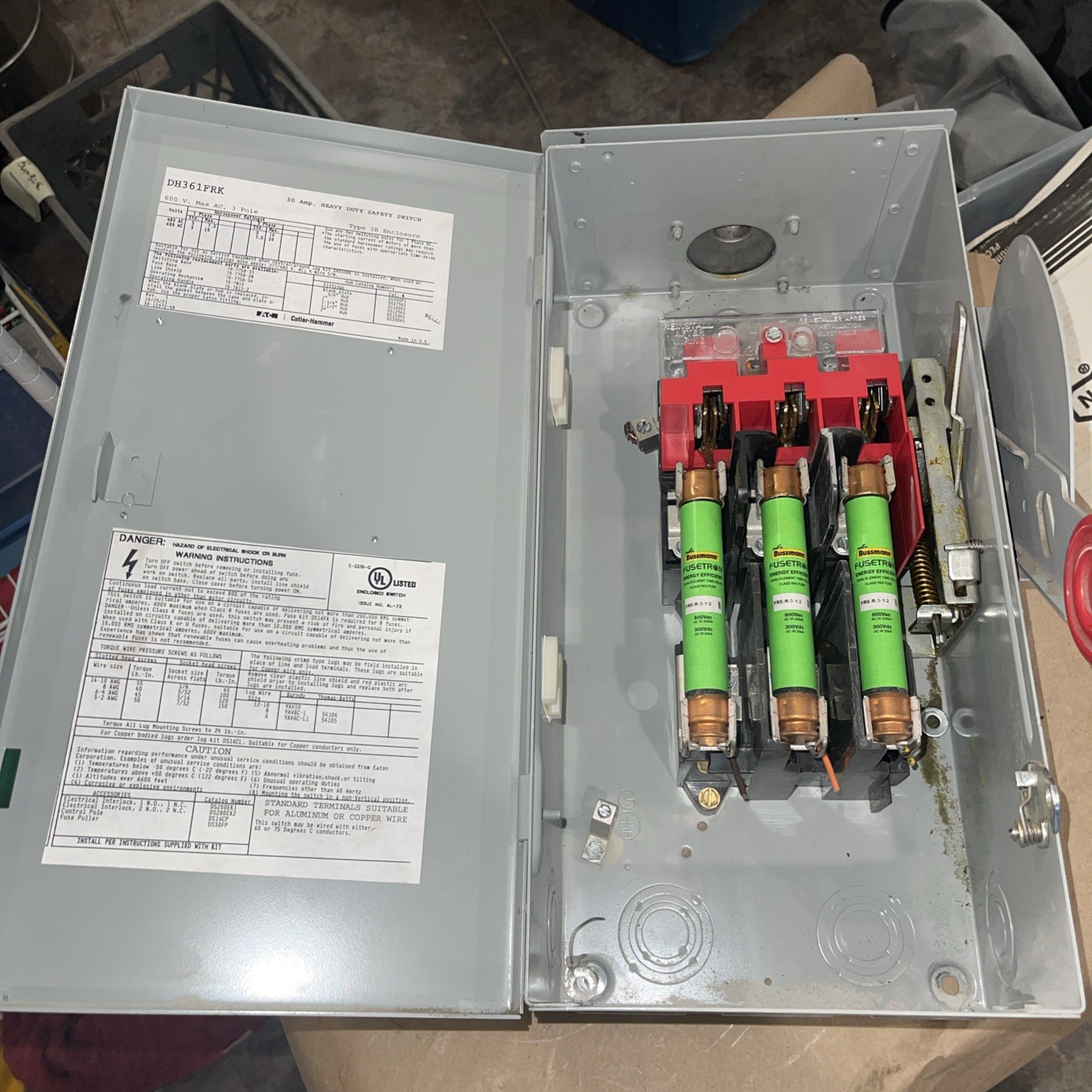 Eaton DH361FRK Safety Switch – 30A 600V 3‑Pole Fusible