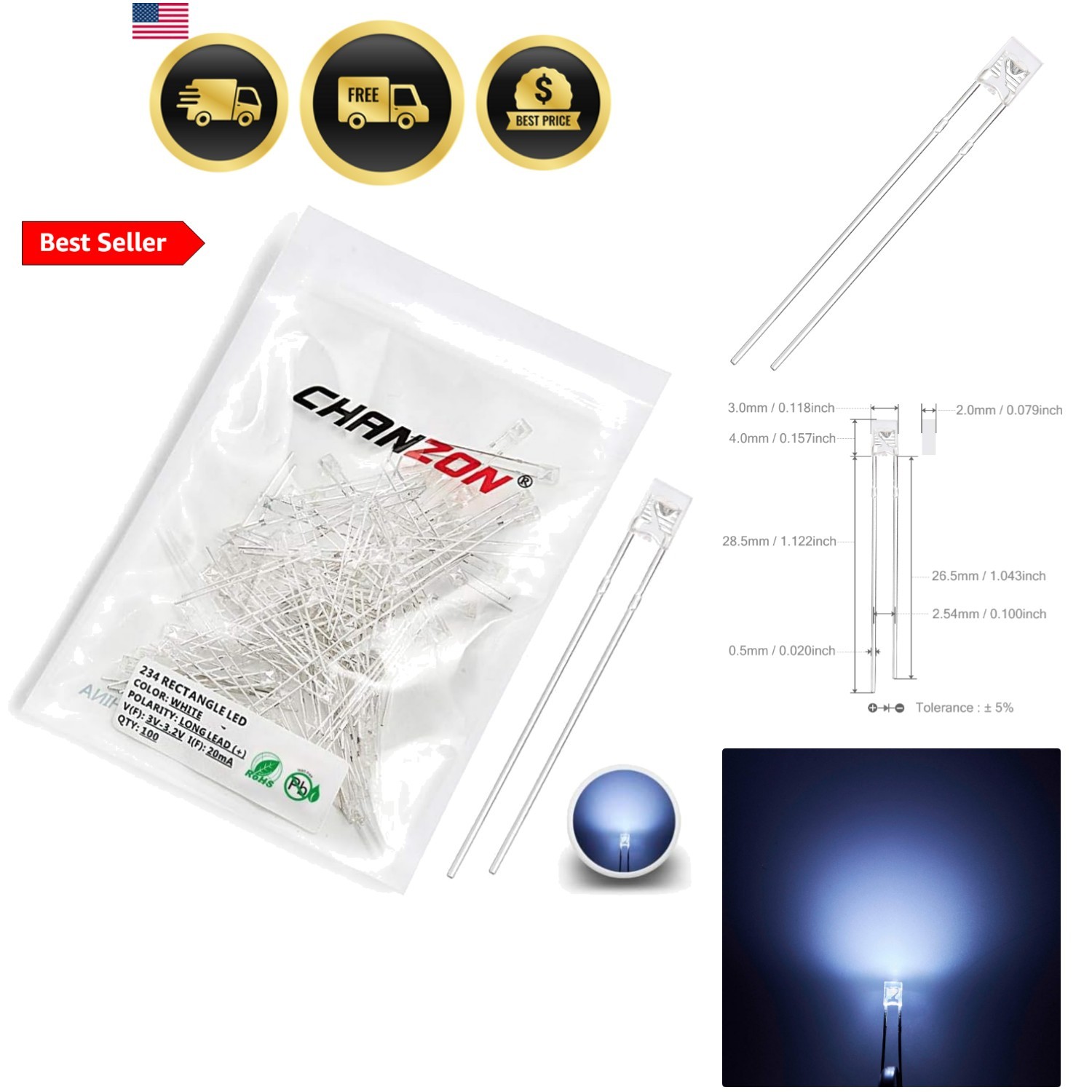 100 pcs 2x3x4 White LED Diode Lights 234 Square Clear Transparent DC 3V 20mA …