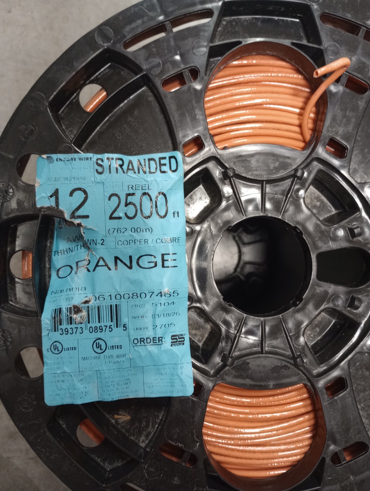 Encore 2500′ Spool THHN #12 Orange