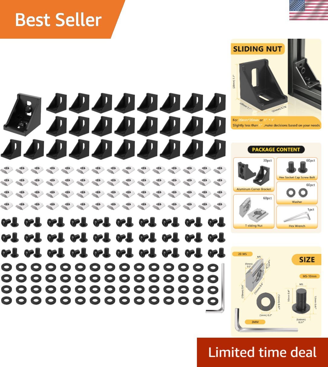 30 Set Black 2020 Series Aluminum Extrusion Profile Connector, Includes 1pc W…