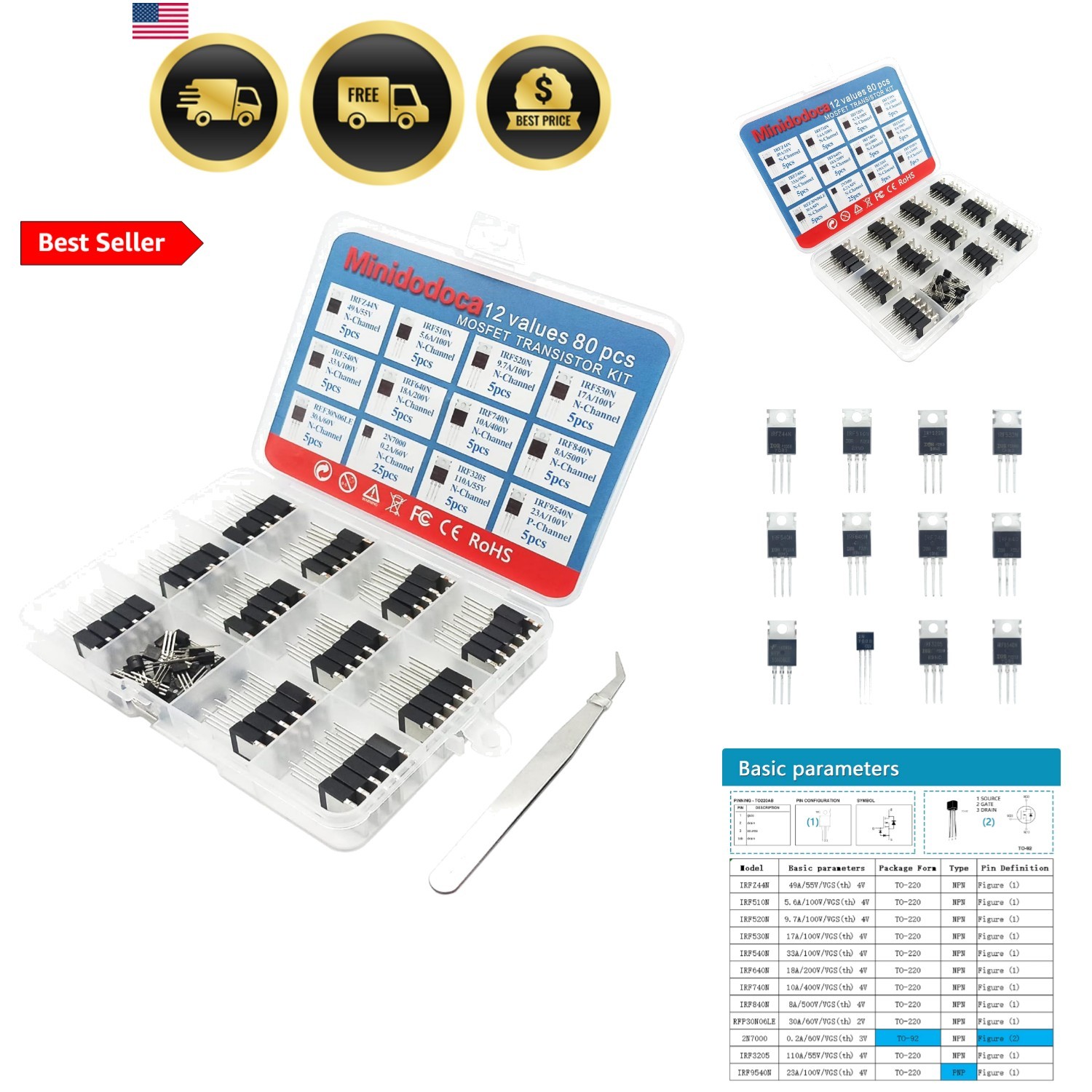 12 Values 80 Pcs MOSFET Transistor Assortment Kit N&P Channel MOSFET IRFZ44N …