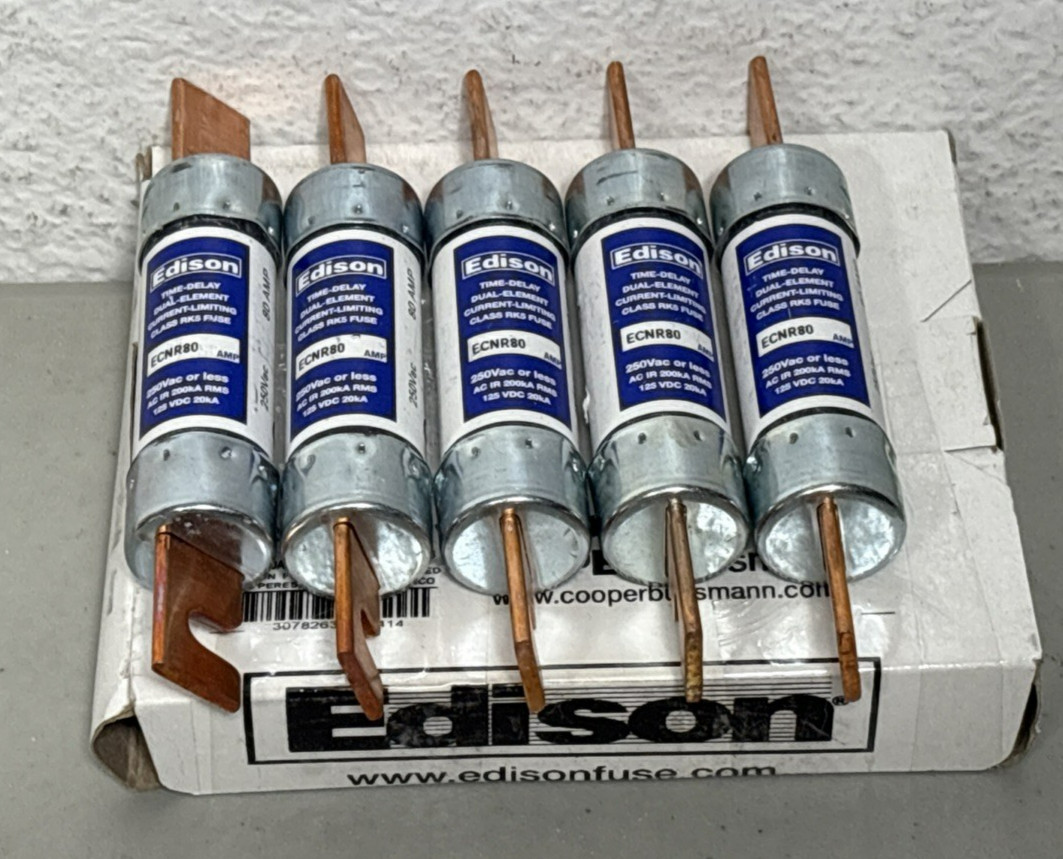(5) ECNR80 Edison Cooper Bussmann Fuse 80A 250VAC Time Delay Dual Element Fuse