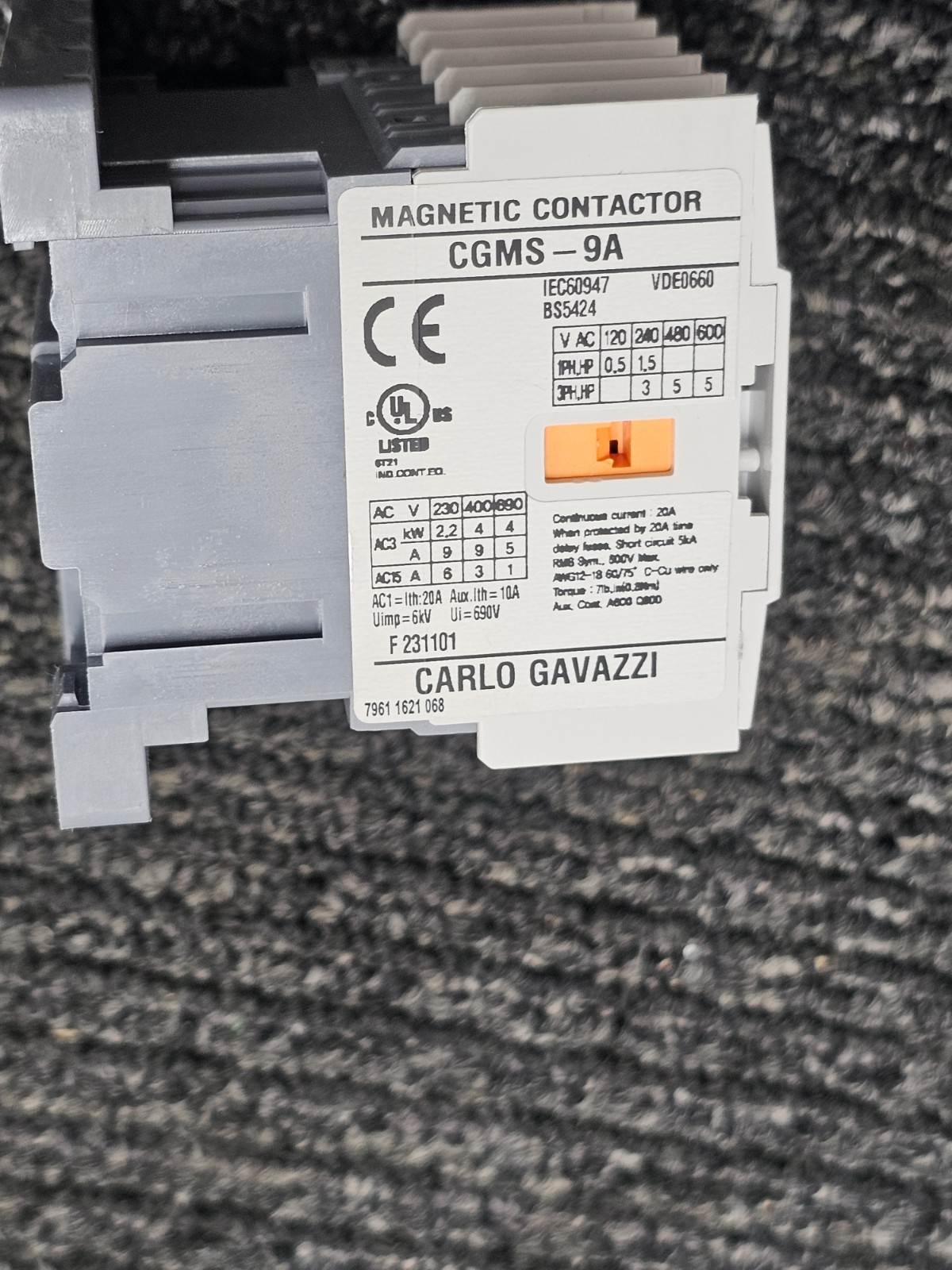 Carlo Gavazzi CGMS-9A-220-1a CGMS-9A Magnetic Contactor A220 1NO,