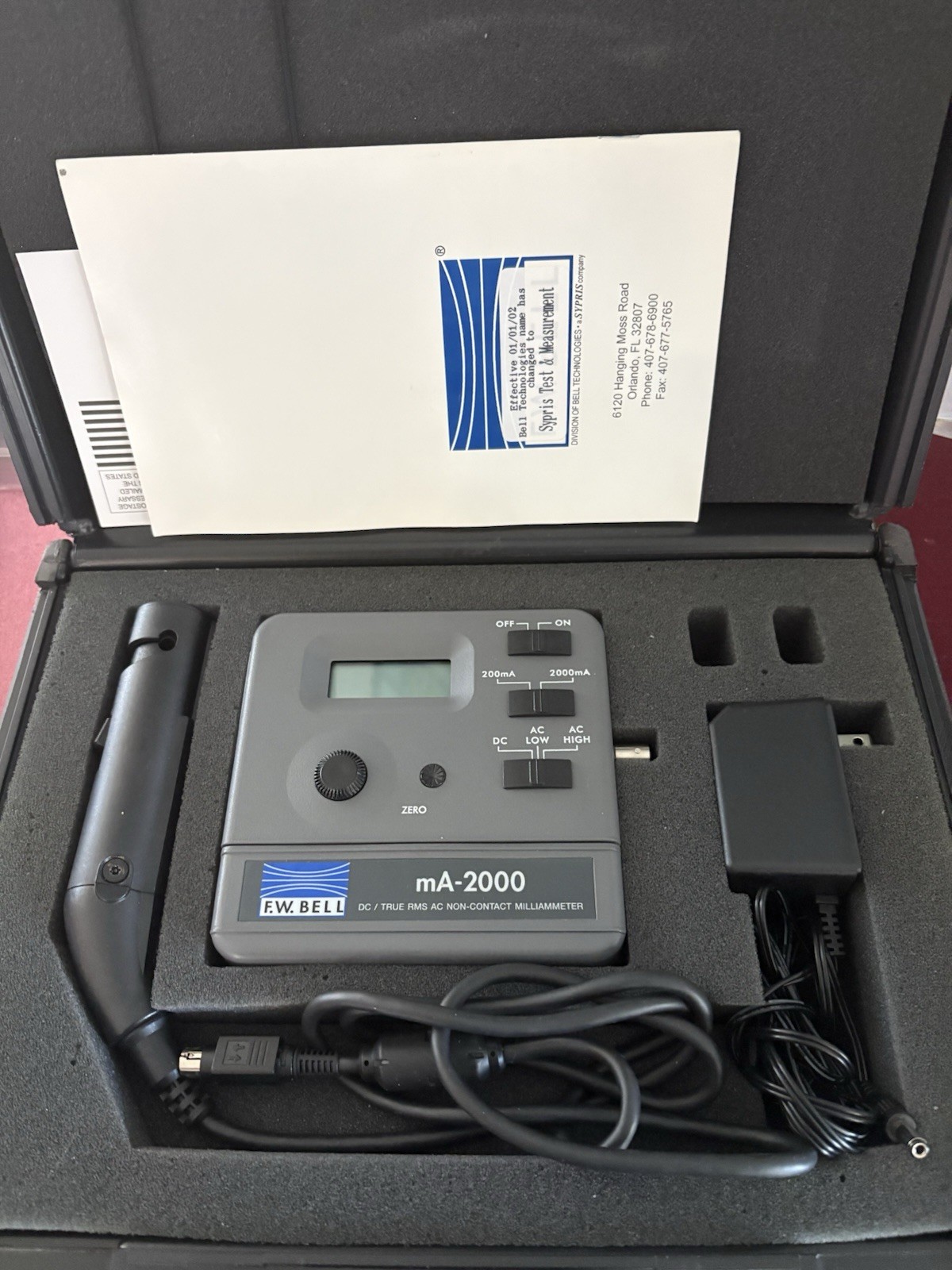 F.W. Bell mA-2000 DC / True RMS AC Non-Contact Milliammeter W/ Charger & Case