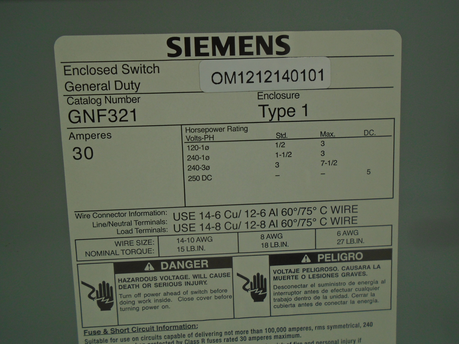 SIEMENS GNF321 ENCLOSED GENERAL DUTY SWITCH TYPE 1 30A 240V