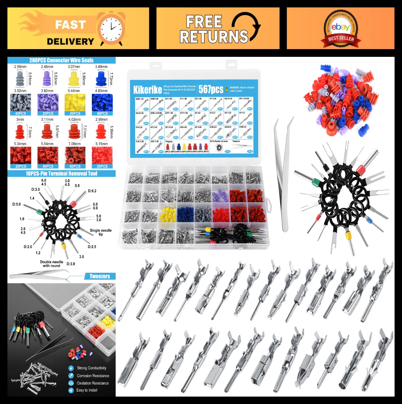 Automotive Connector Pins Kit 567Pcs – 26 Types, 1-3.5mm Male & Female Terminals