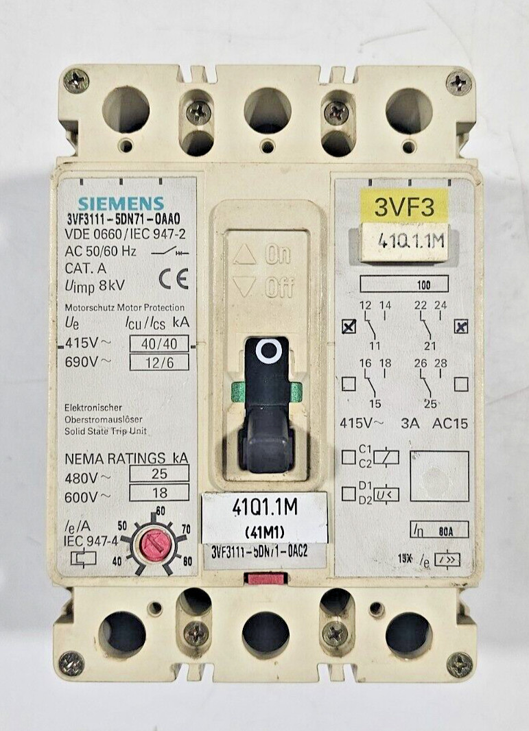 Siemens 3VF3111-5DN71-0AA0 Molded Case Circuit Breaker 3-Pole 80A 25KA 600V USED