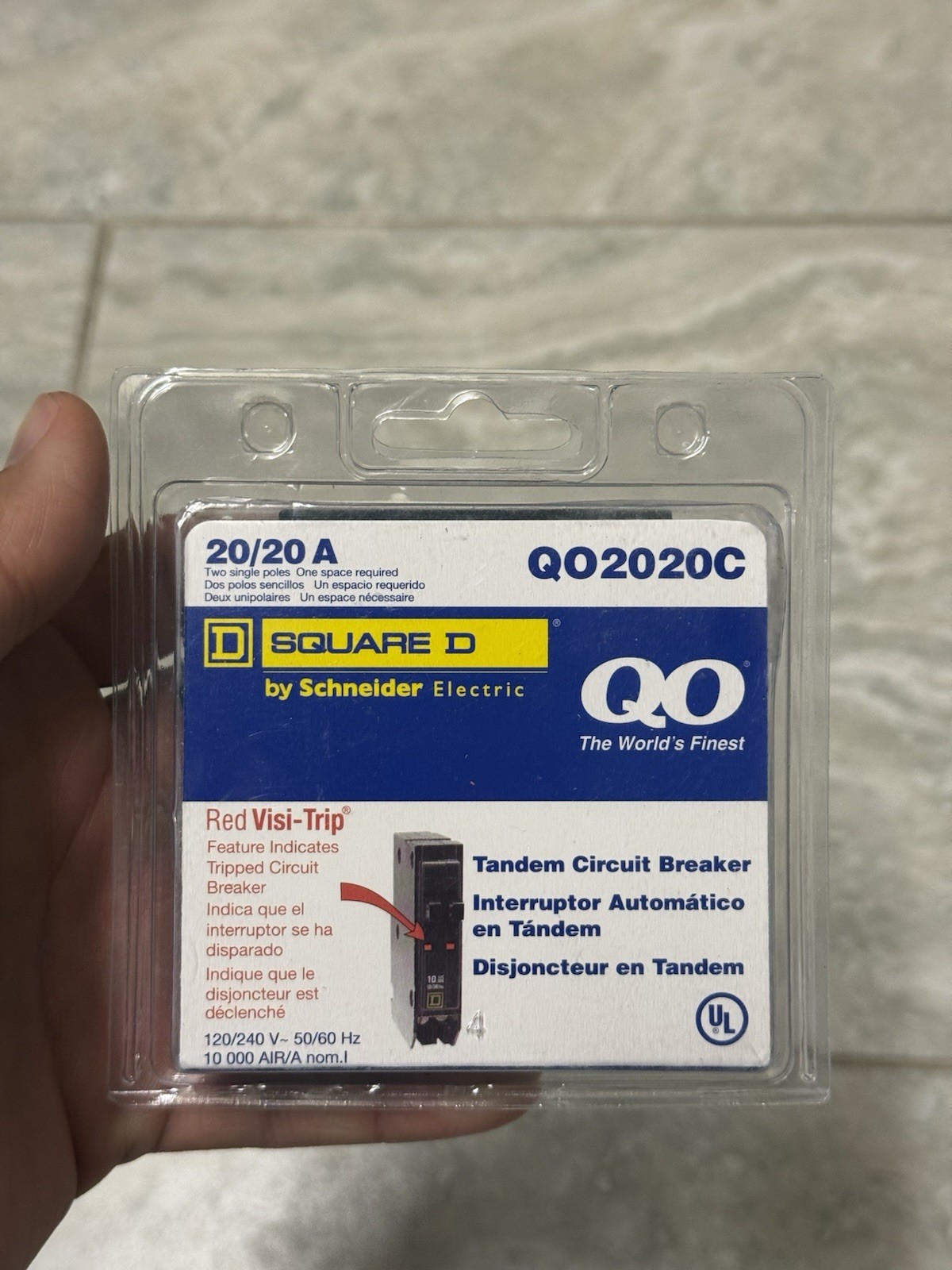 Square D QO2020C Tandem Circuit Breaker 20/20A 120/240V Red Visi-Trip