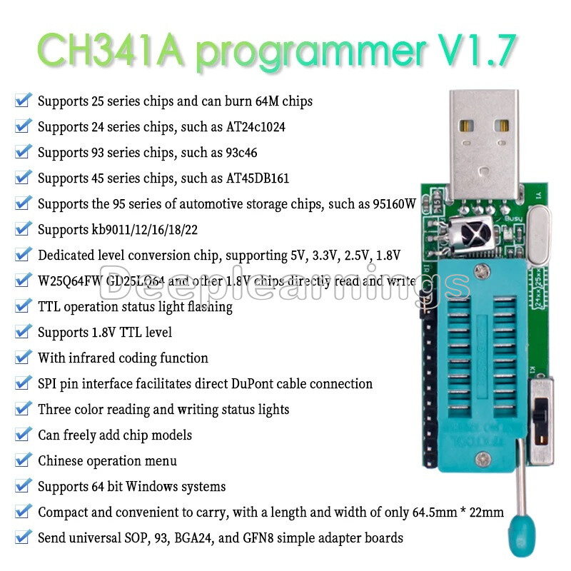 1PCS CH341A Programmer V1.7 1.8V Level Conversion W25Q64FW W25Q128FW GD25LQ64