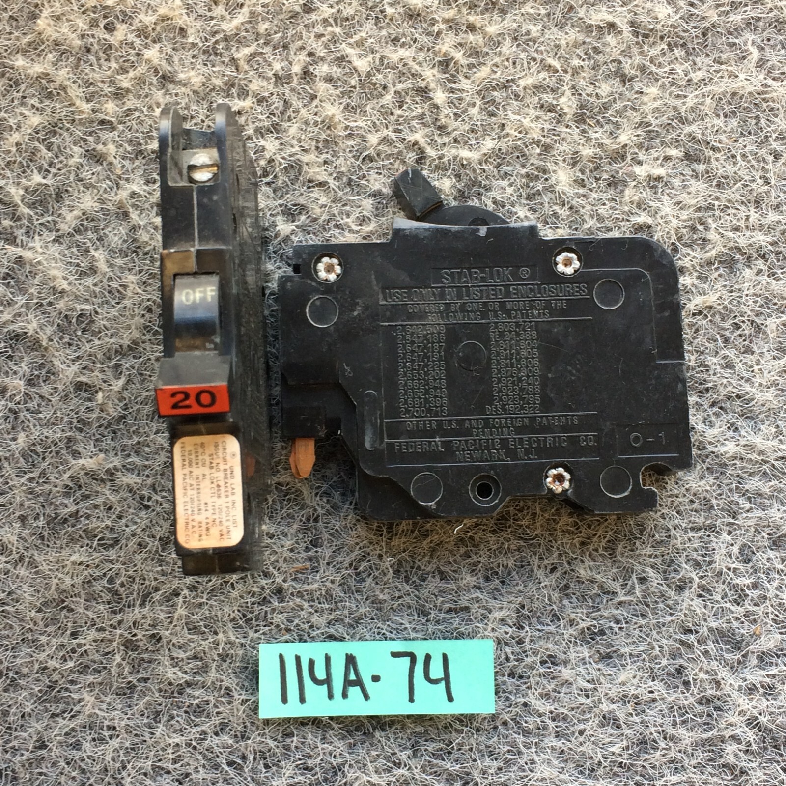 SET Lot of 2 FPE 20 Amp 1 Pole Stab Lok Thin Federal Pacific Breaker NC120 THIN