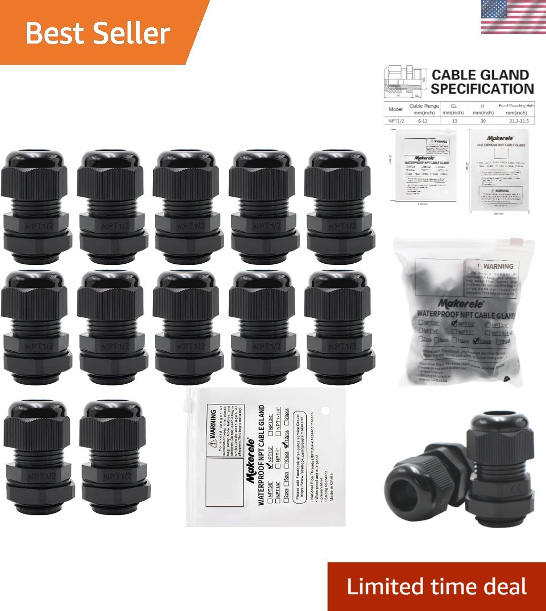 Durable Nylon 1/2″ NPT Cable Glands – 12pcs Waterproof Wire Protectors