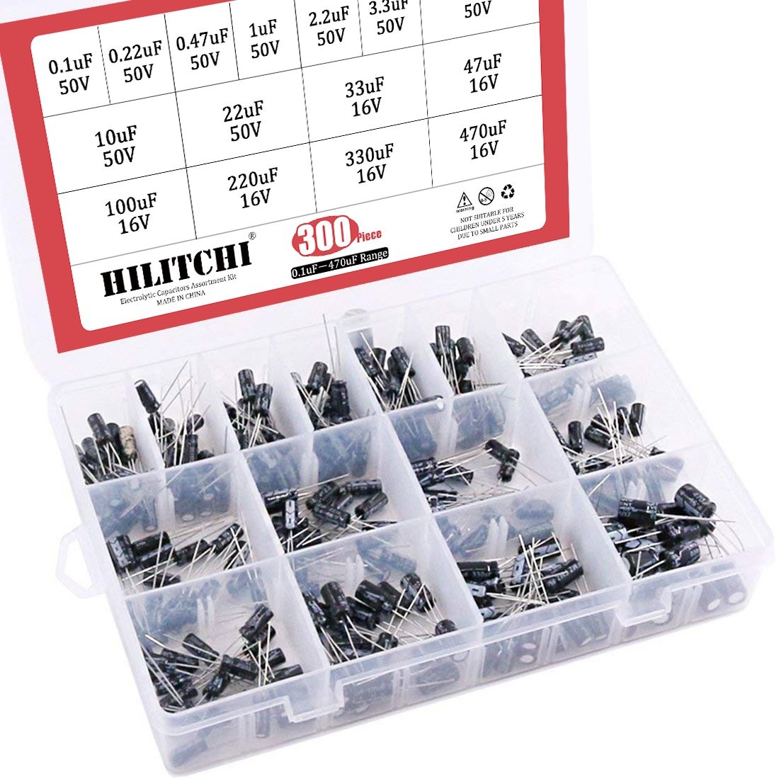 15 Kinds Values 300pcs 0.1uF－470uF Range Electrolytic Capacitors Assortment K…