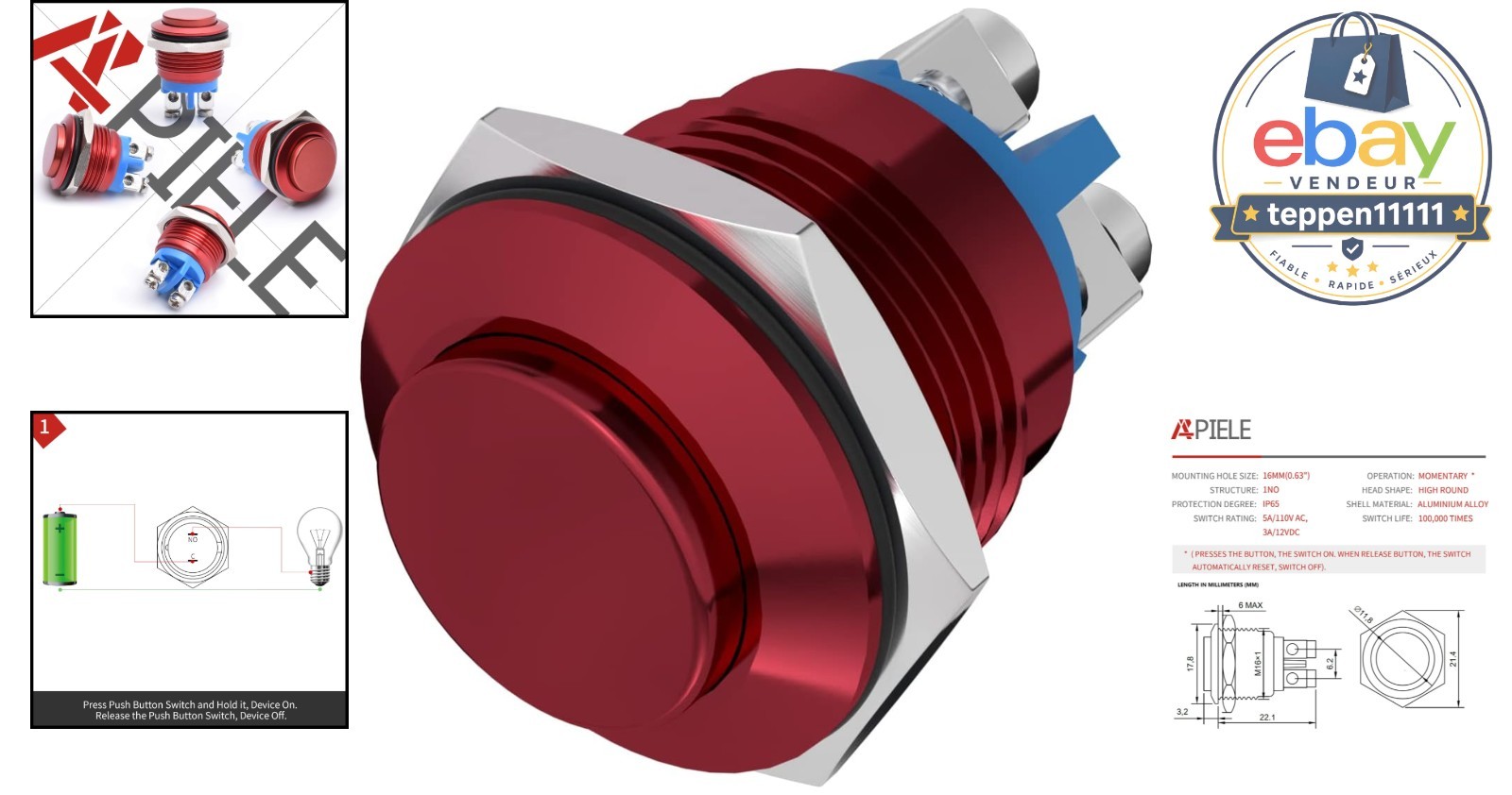 16mm Momentary Push Button Switch Waterproof Aluminum Shell 250V AC 5A