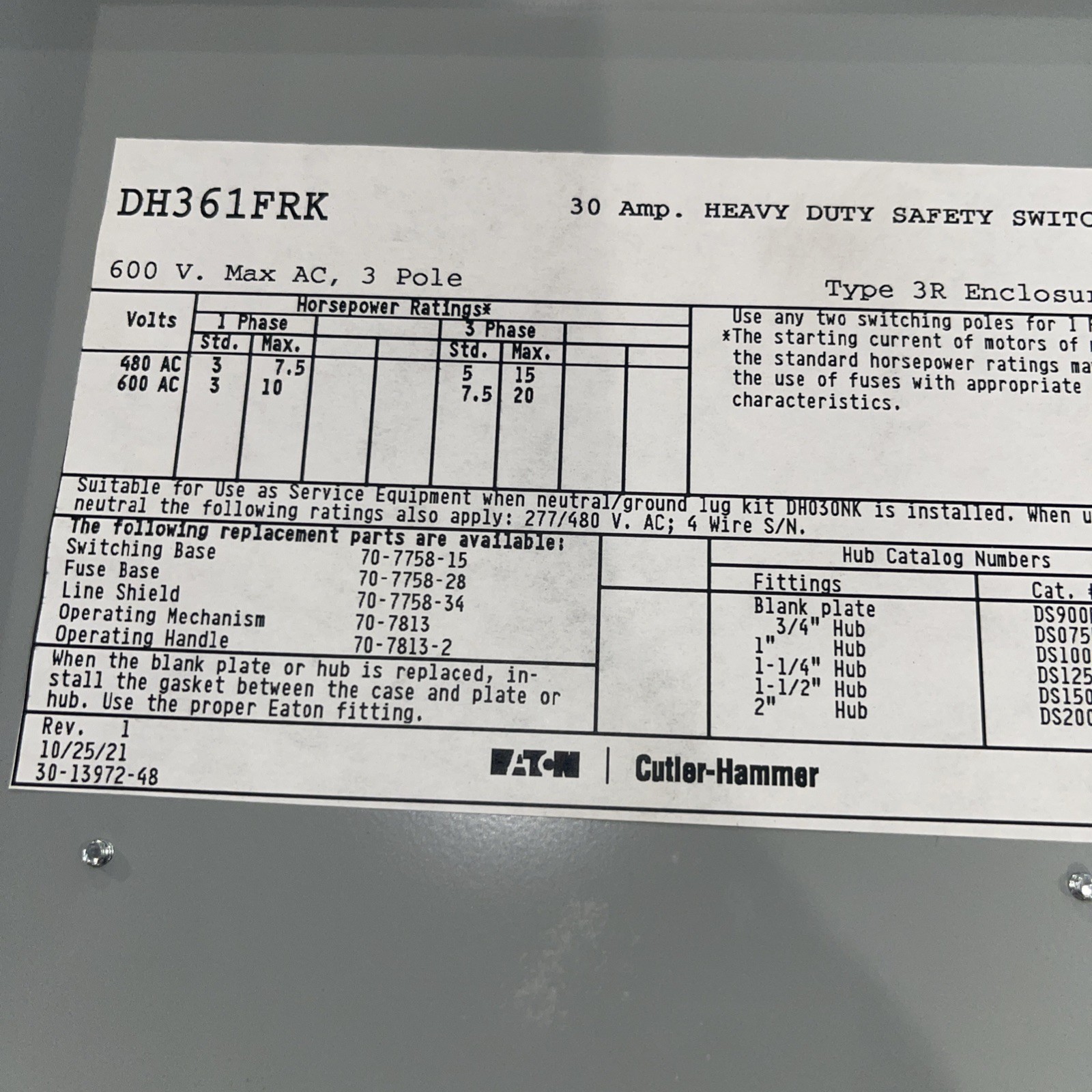 Eaton DH361FRK Safety Switch – 30A 600V 3‑Pole Fusible