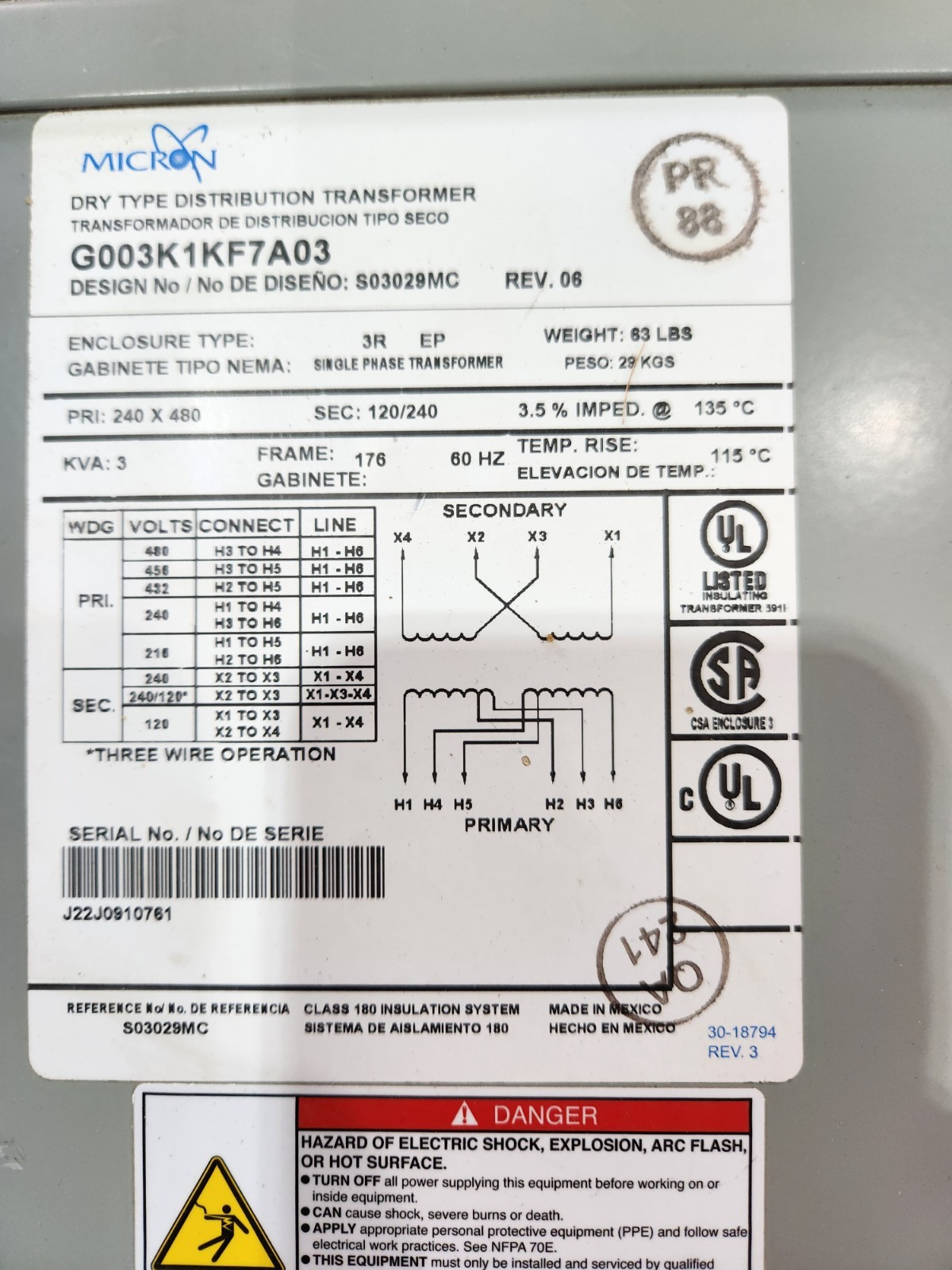 MICRON G003K1KF7A03 DRY TYPE DISTRIBUTION TRANSFORMER 3KVA 480V REV.06 1PH