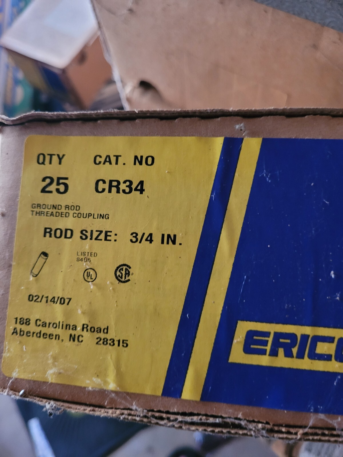 BOX of 25 NEW ERICO CR34 3/4″ GROUND ROD COUPLING