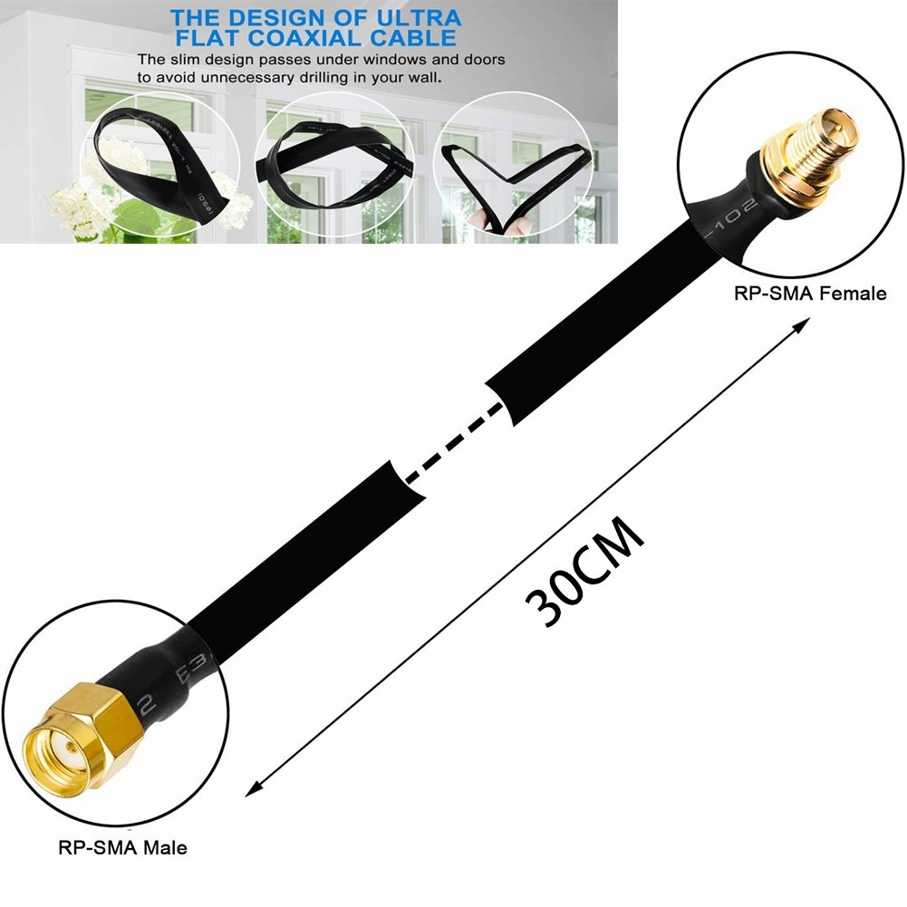 RP-SMA, Helium Ultra Low Loss 30cm Flat Coaxial Cable Extension Pigtail