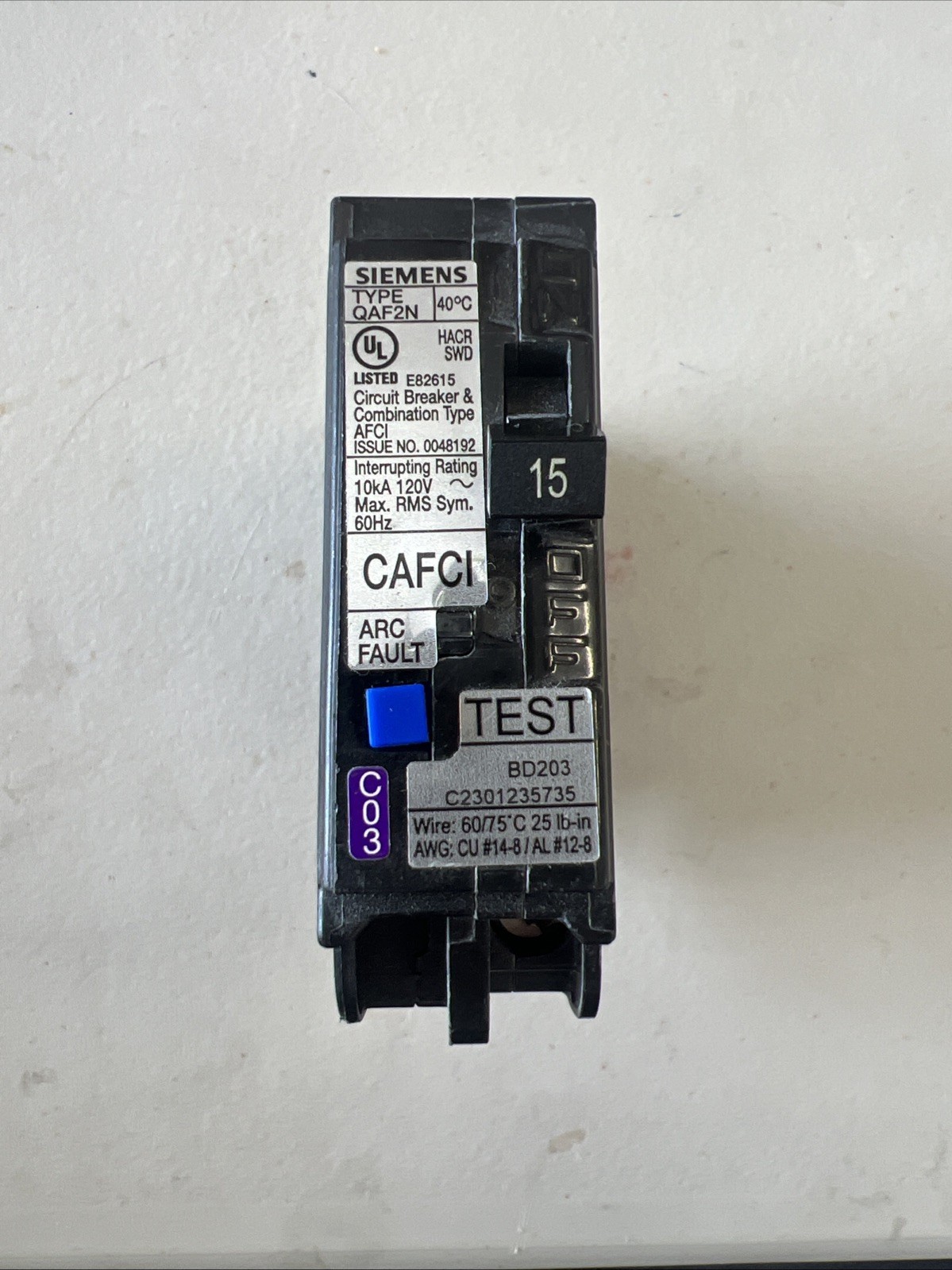 Siemens QA115AFCN 15A 1-Pole Plug-On Neutral Circuit Breaker