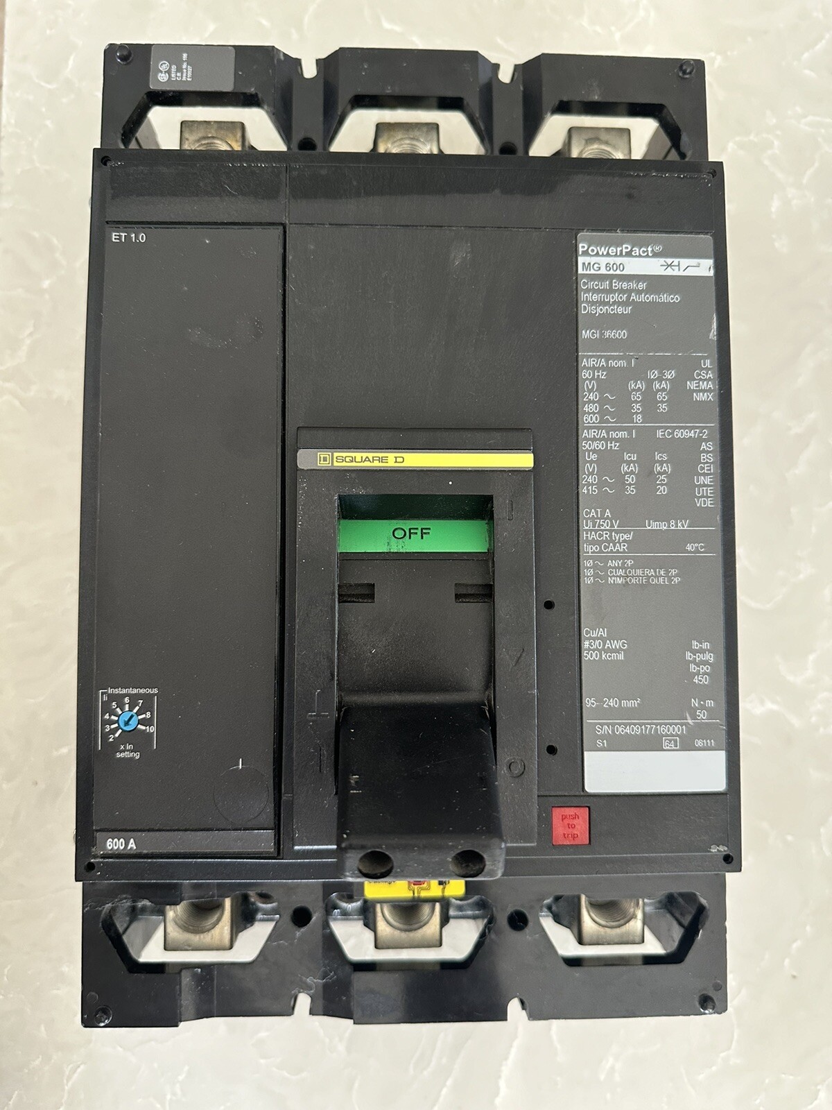 MGL36600 Square D 600 Amp 600 VAC 3 Pole PowerPact M Circuit Breaker