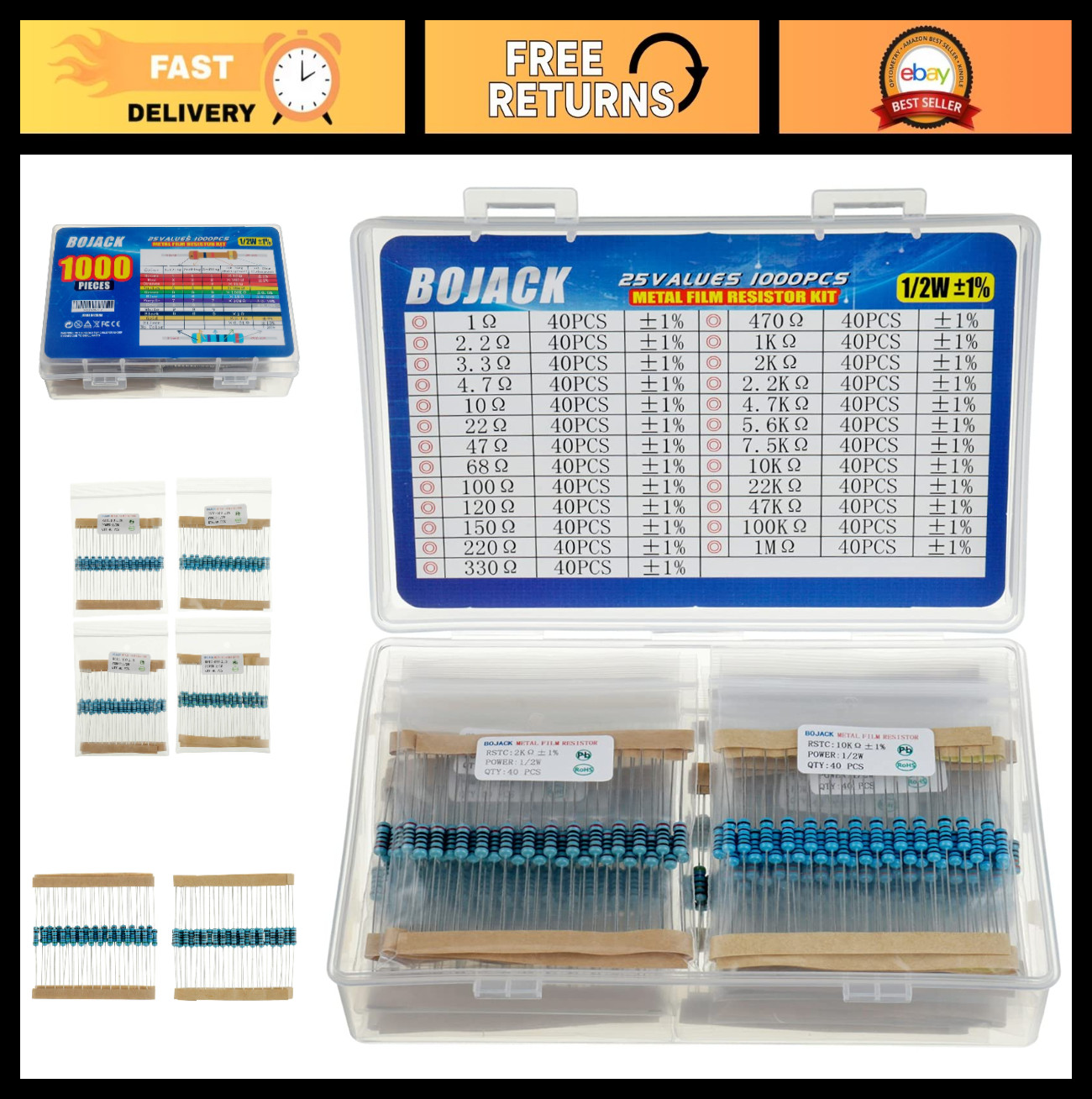 1000 Pcs Resistor Kit – 25 Values 1 Ohm to 1M Ohm, 1% 1/2W Metal Film Assortment