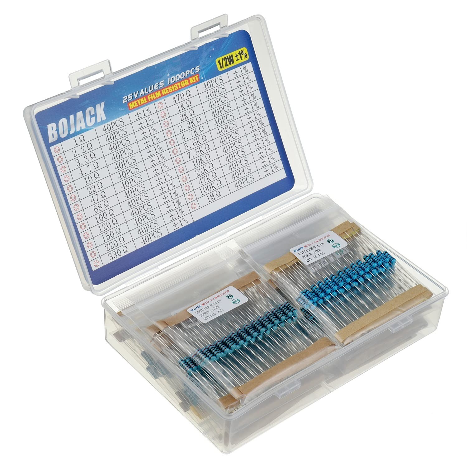 1000 Pcs Resistor Kit – 25 Values 1 Ohm to 1M Ohm, 1% 1/2W Metal Film Assortment