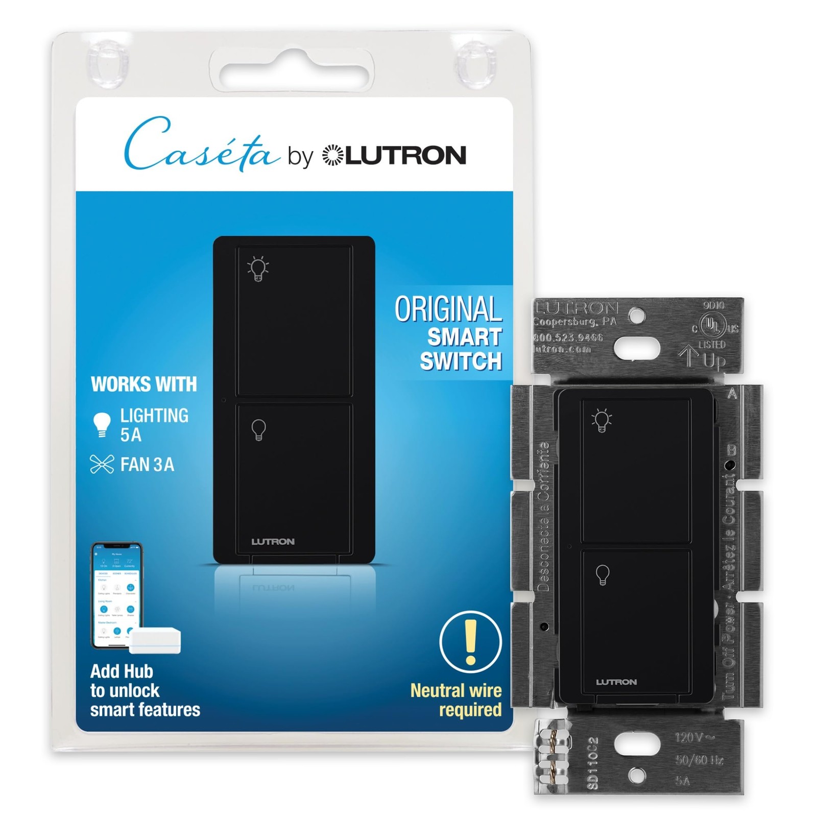 Lutron Caseta Original Smart Light Switch (Lutron Hub 1 Pack, Black
