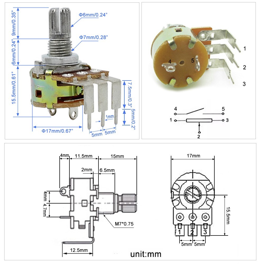 US Stock 10PCS Rotary Potentiometer With Switch ON/OFF Right Angle 3-Pin 1k-500k