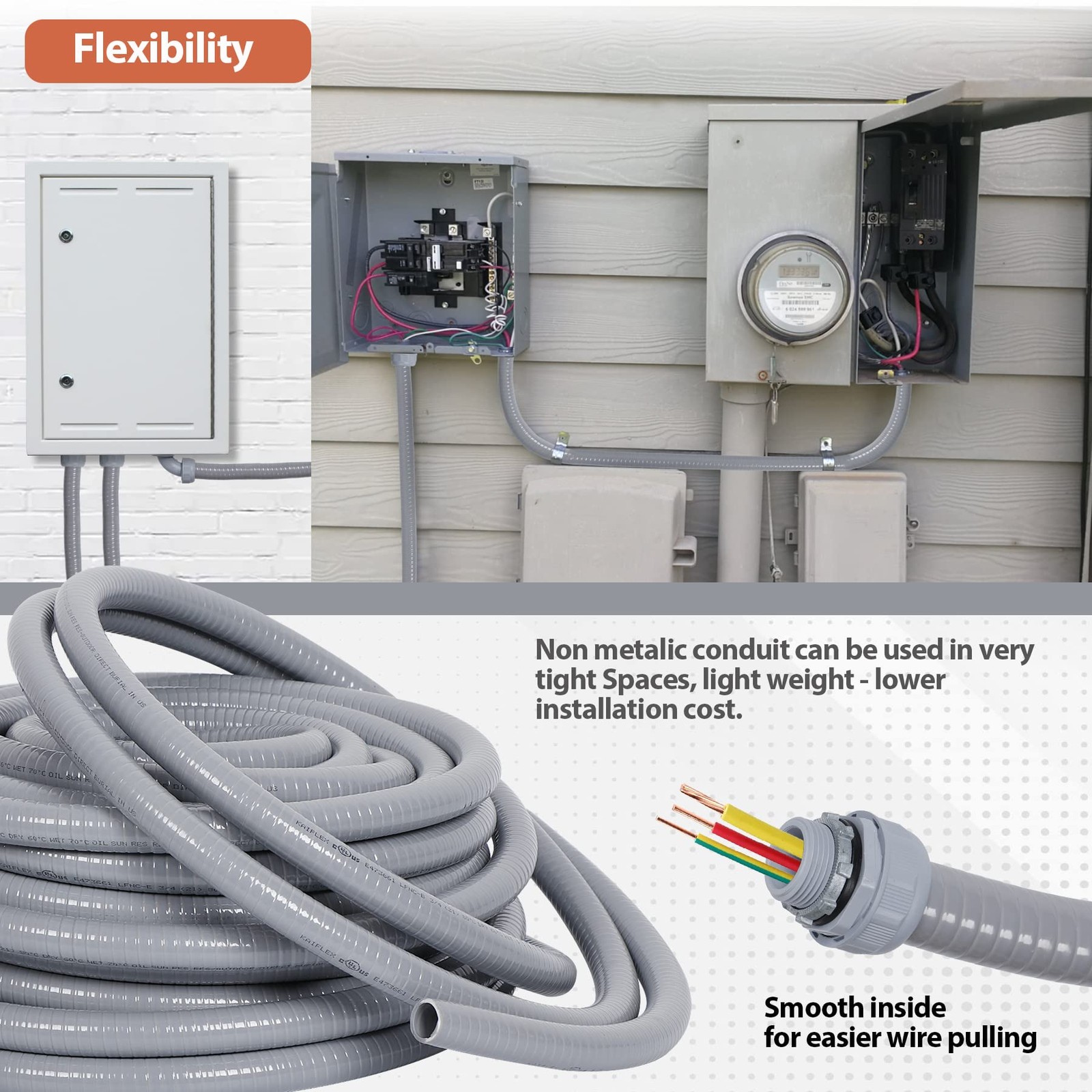Liquid-Tight Electrical Conduit Kit 50ft w/UL, 10 Connectors, 1/2″ Flexible