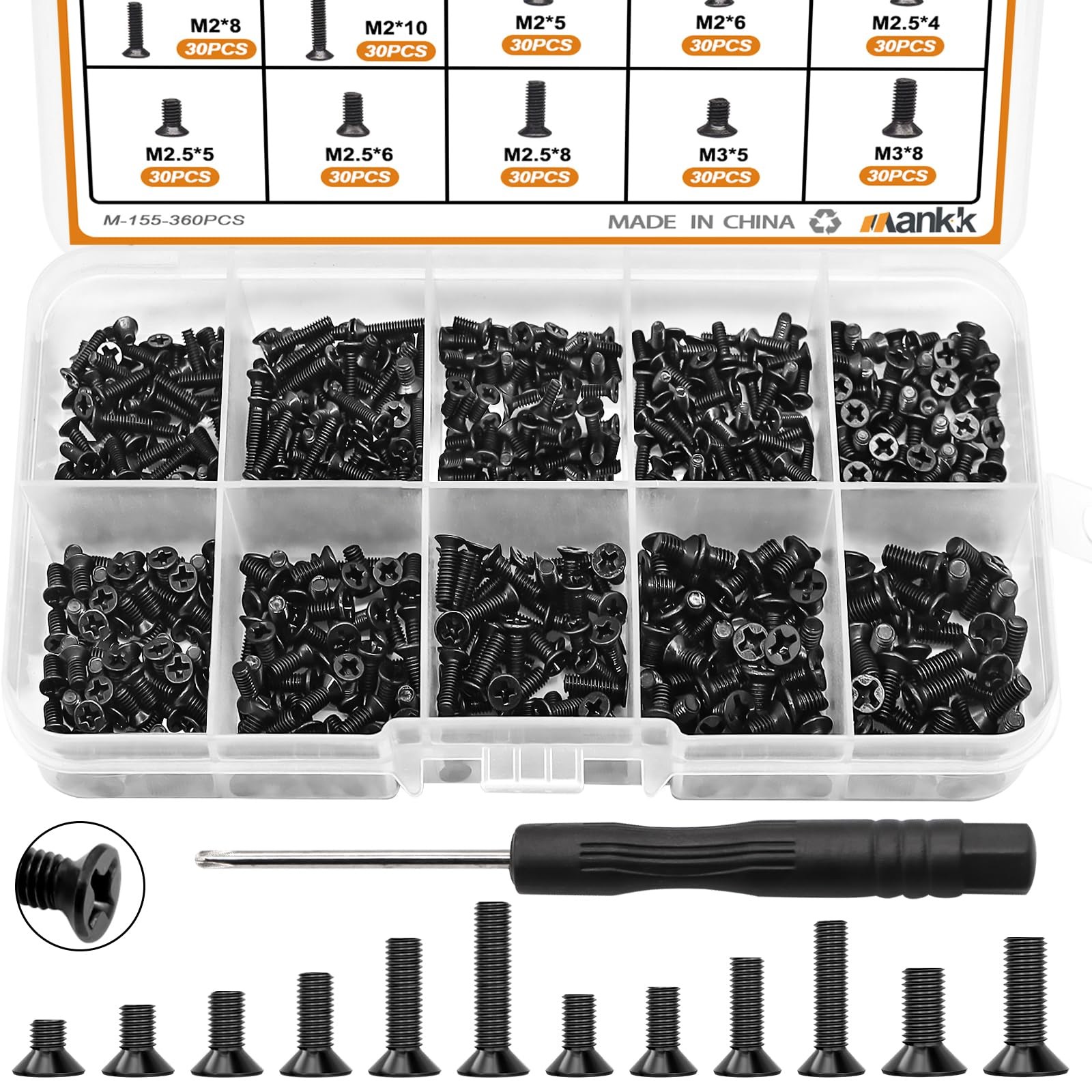 mankk 360PCS Laptop Screws 12 Sizes M2 M2.5 M3 360PCS-12 Size, black