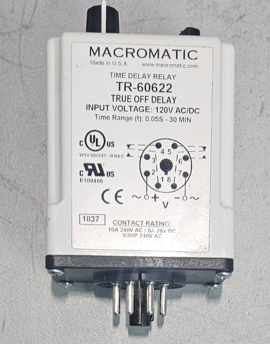 Macromatic Tr-60622 True Off Delay, 50ms-30 min, 24AC/DC 10A,DPDT 8 pin Octal