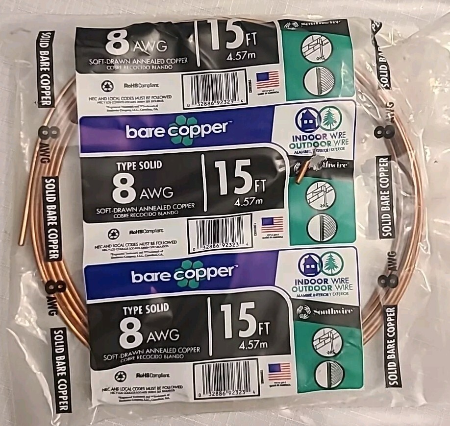 Southwire Solid Bare Copper Wire 8 AWG 15-Feet Indoor Outdoor Grounding NWT New