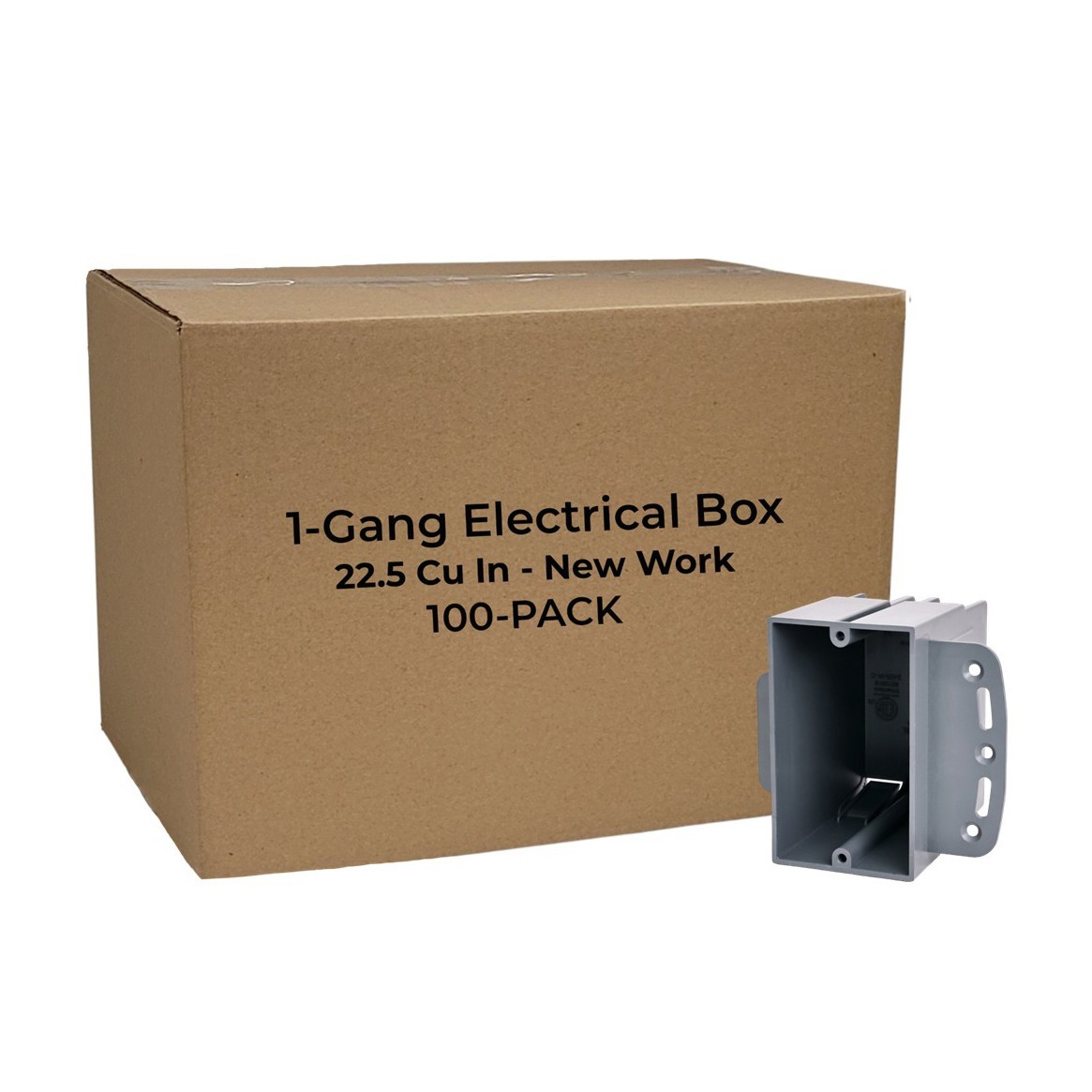 1-Gang New Work 22.5 Cu In Electrical Outlet Box w/ Mounting Bracket – 100-Pack