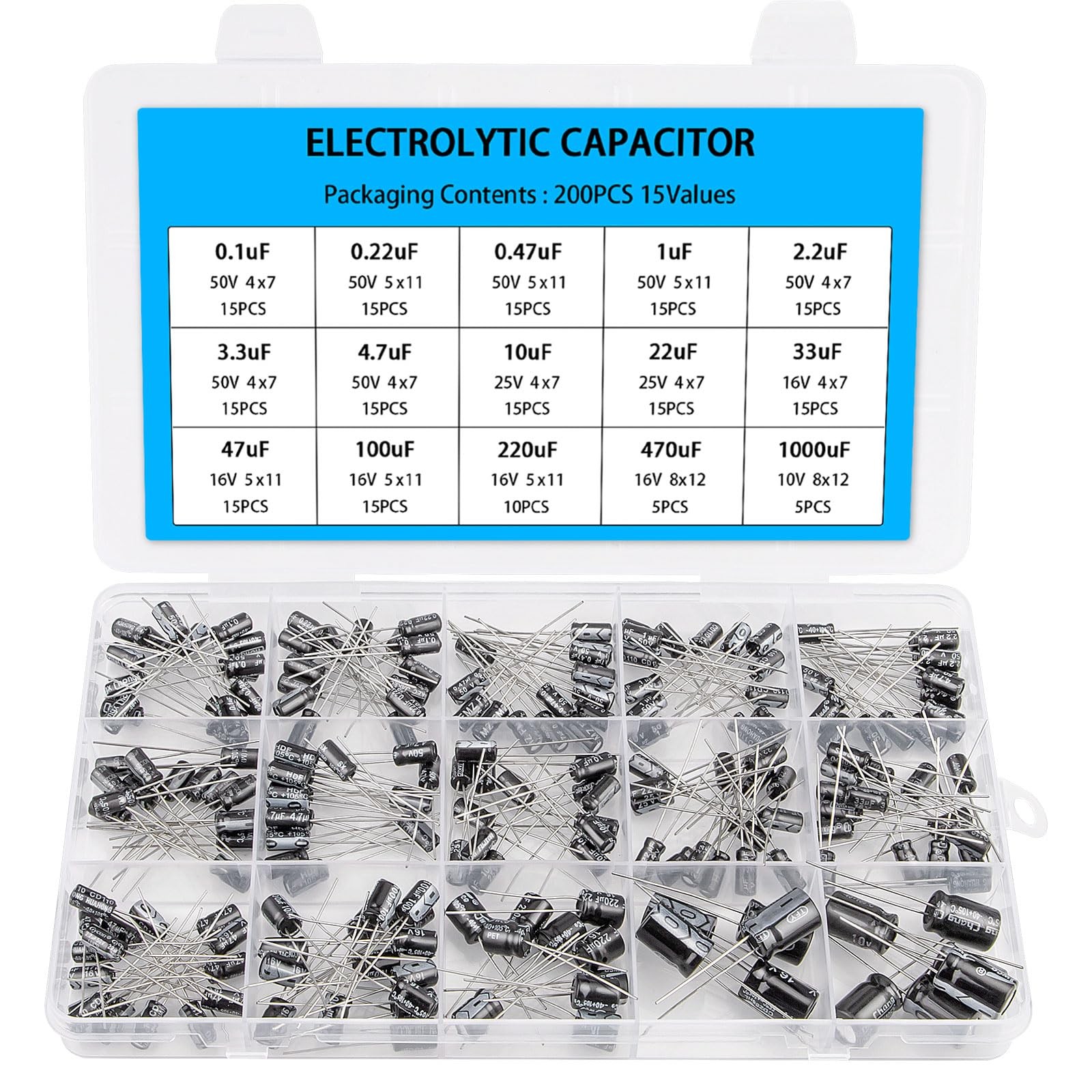 200 PCS Aluminum Electrolytic Capacitor Assortment Kit 0.11000uF 1050V 20%