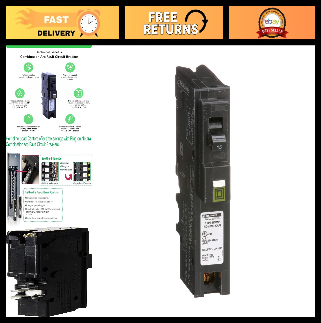 15 Amp Mini Circuit Breaker 1 Pole 120V AC Plug-In CAFI/CAFCI Residential Use