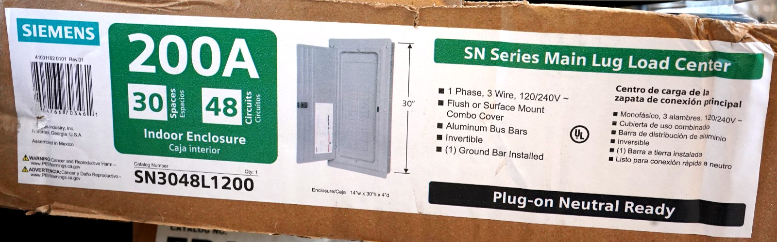 SIEMENS SN3048L1200 main lug load center 200A 30 spaces 48 circuits 3 w 120/240V