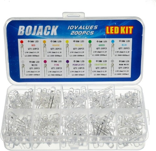 10 Colors 200 Pcs 5mm LED Diode Lights Assorted Kit Pack Transparent DC 2V 3.2V